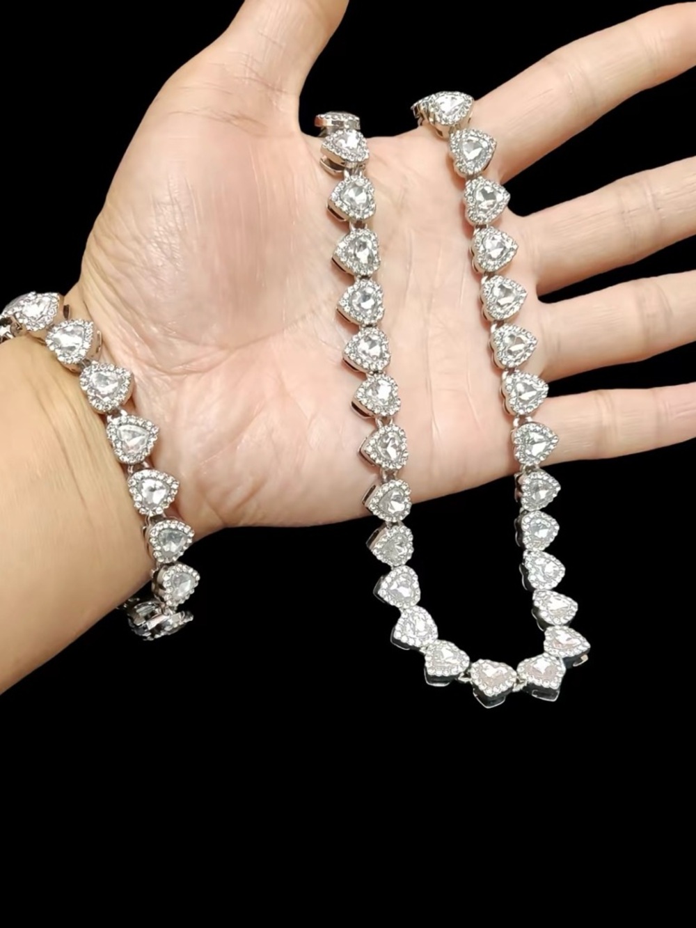 Luxury Heart Tennis Necklace and Bracelet Set - White Gold Tone